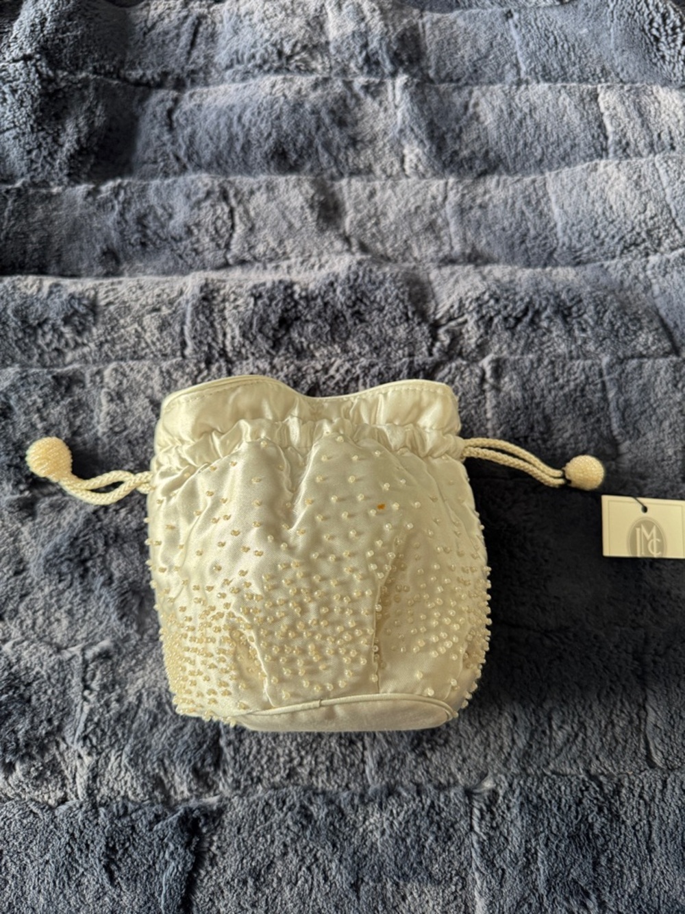 Jessica McClintock Ivory Pearl-Embellished Drawstring Cosmetic Pouch